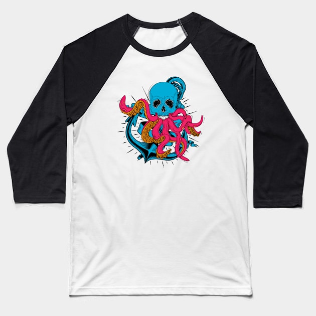 Skull Octopus Pirate Baseball T-Shirt by JeffDesign